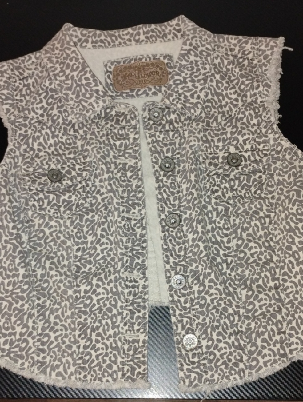 Wallflower Cream and Gray Leopard Print Denim Vest